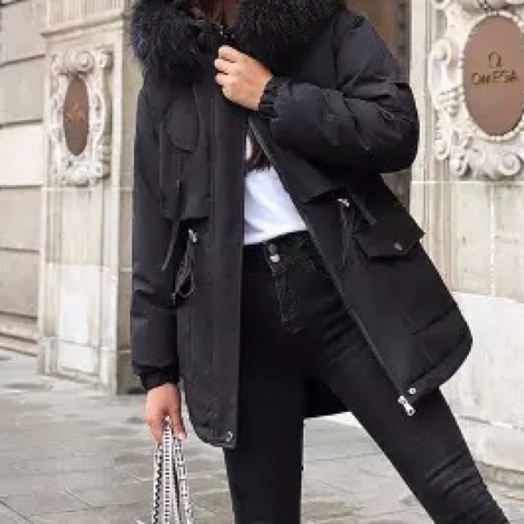 Black Faux Fur Warm Parka Wind Breaker Fleece Lined Hood Raincoat Coat Jacket - Picture 4 of 15